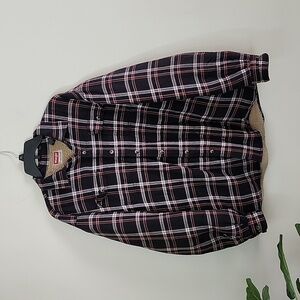 Wrangler sherpa lined button down shacket, Red Cream black, mens XL
